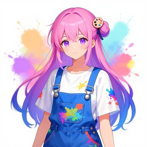 Anime-style digital drawing of a pink-haired girl with purple eyes, wearing blue overalls and a white shirt, splattered with colorful paint, against a