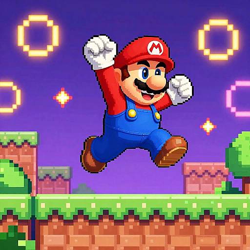 Pixel art of Mario mid-jump in a vibrant, blocky Super Mario Bros. landscape with colorful glowing rings and pixelated trees.