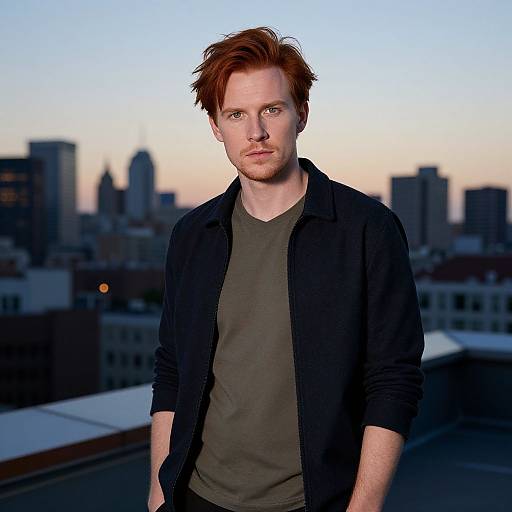Photograph of a red-haired Caucasian man with fair skin and green eyes, wearing a black jacket over a gray t-shirt, standing on a rooftop against