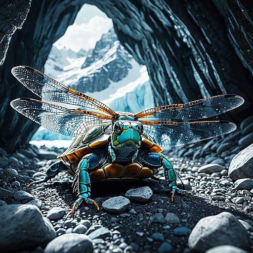 Crystal-Scaled Dragonfly-Turtle Hybrid in Alpine Glacier Cave