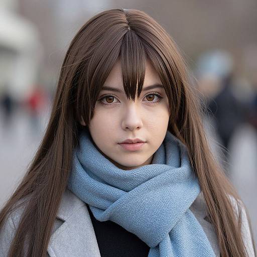 Photograph of a young woman with long brown hair, wearing a light gray coat and blue scarf, standing outdoors with a blurred city background. She has