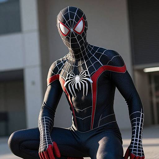 Photorealistic CGI of Spider-Man in black and red suit, crouching outdoors; web pattern covers suit, white eyes with red highlights, background