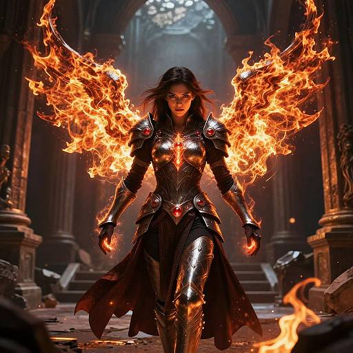 Digital art of a fierce, armored woman with fiery wings standing in a dark, ruined cathedral, flames illuminating her and the surroundings.
