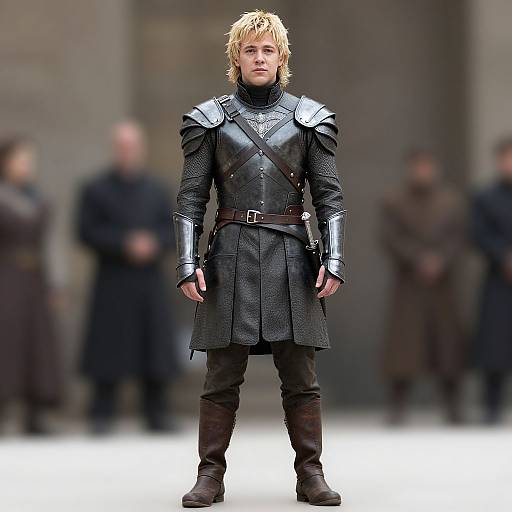 Photograph of a blonde, blue-eyed man in medieval-style black leather armor with silver shoulder plates, standing on a white runway, blurred background with ind