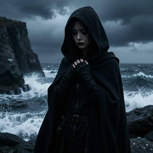 Mysterious figure in black hooded cloak stands on stormy rocky shore, waves crashing behind, under dark, ominous clouds. Digital art.
