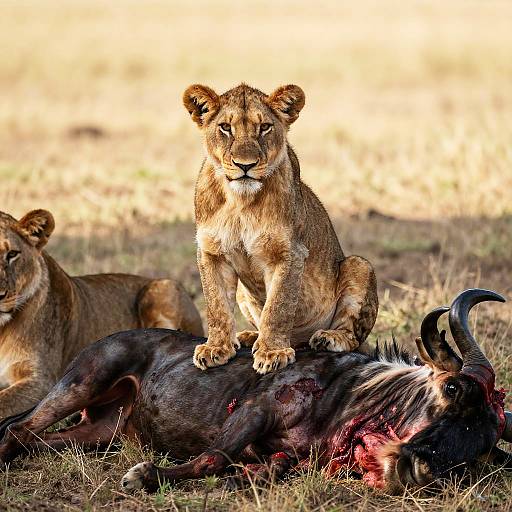 Photograph of a young lion cub standing on a freshly killed wildebeest, with another lion cub in the background, on a sunlit grass