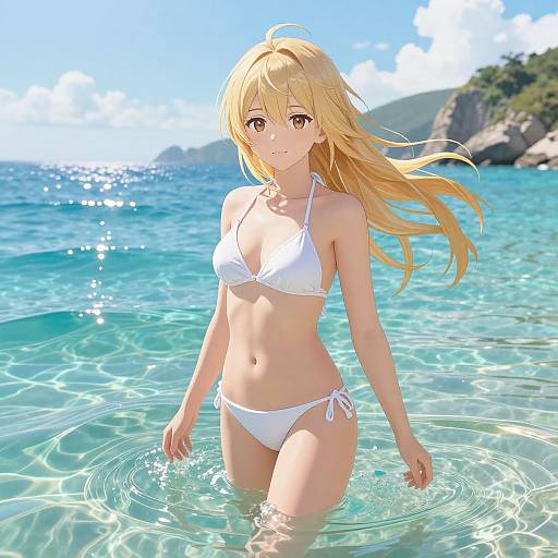 Anime-style digital artwork of a blonde, fair-skinned woman with yellow eyes, wearing a white bikini, standing in clear blue ocean water, with distant