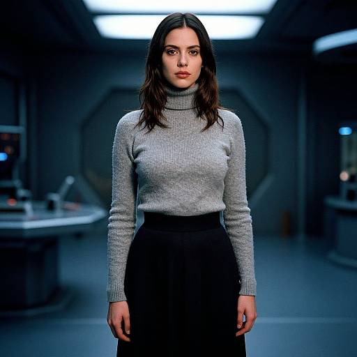 Photograph of a young woman with fair skin and dark hair, wearing a gray turtleneck sweater and black high-waisted skirt, standing in