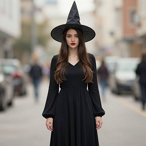 Photograph of a young woman with long brown hair, red lipstick, and black witch hat and dress, standing on a blurred city street.