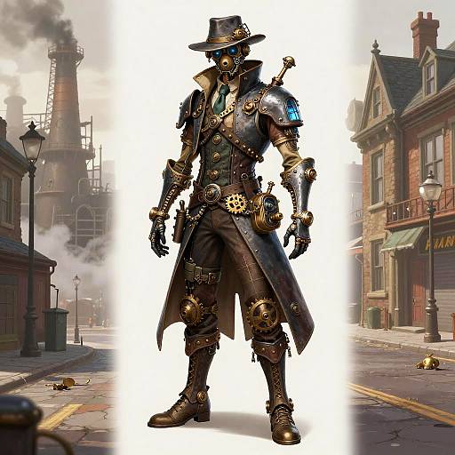 Digital artwork of a steampunk character in elaborate dark brown leather and metal armor, standing on a foggy, Victorian street.