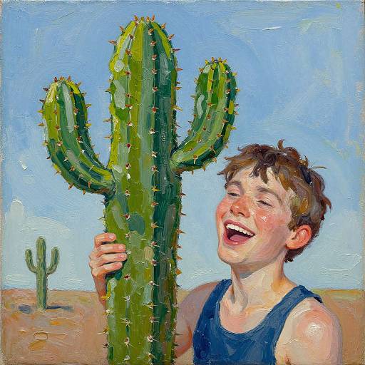Impasto Oil Painting of Happy Man with Cactus