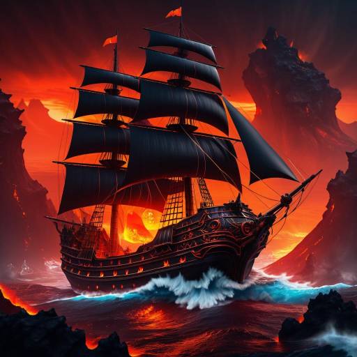 Pirate Ship Sailing Through Volcanic Fiery Landscape
