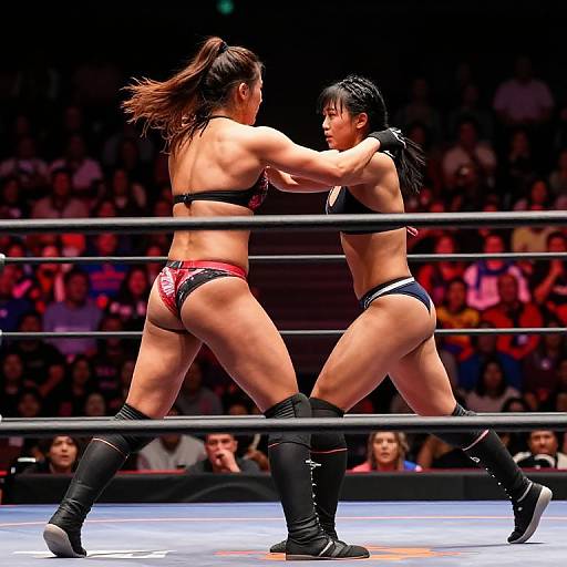 Photograph of two muscular female wrestlers in black and red underwear, black boots, and bras, punching each other in a brightly lit ring with a blurred