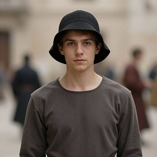 Photograph of a young man with a serious expression, wearing a black bucket hat and gray long-sleeve shirt, standing in a blurred urban background