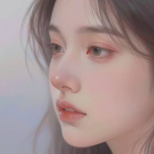 Digital portrait of a young woman with fair skin, pinkish-red eyes, subtle pink eyeshadow, glossy pink lips, and soft, wavy