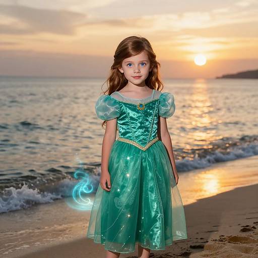 Photograph of a young girl with blue eyes, wearing a green, fairy-tale style dress, standing on a beach at sunset, with glowing blue