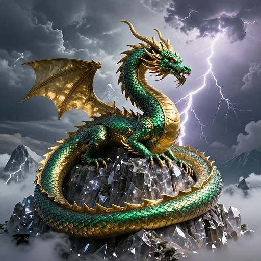 Digital artwork of a vibrant green and gold dragon with glowing scales, sitting on a jagged rock, lightning striking in a stormy, cloudy sky.