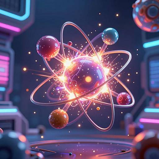 CGI image of a glowing, neon-lit atomic model with bright, colorful spheres and orbiting rings, set in a futuristic, blue-lit
