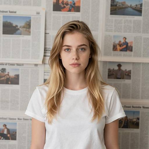Portrait: Blonde Woman Among Newspaper Clippings