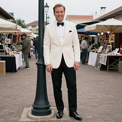 Photograph of a smiling middle-aged man in a white tuxedo jacket, black bow tie, and black pants, standing by a black lampp