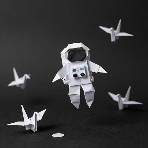 Photograph of white origami astronaut and birds floating against a black background, with small origami shadow on the ground.