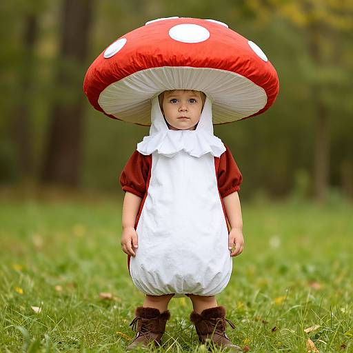 Photograph of a young child wearing a white dress and red mushroom hat with white spots, standing on grass in a forest.