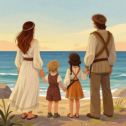 Digital illustration of a family holding hands, facing a sunset ocean. Mother in white dress, father in rustic clothes, two children in traditional attire, standing