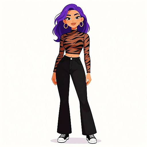 Digital illustration of a confident woman with purple hair, wearing a black-and-tan zebra-print crop top, black high-waisted pants, and