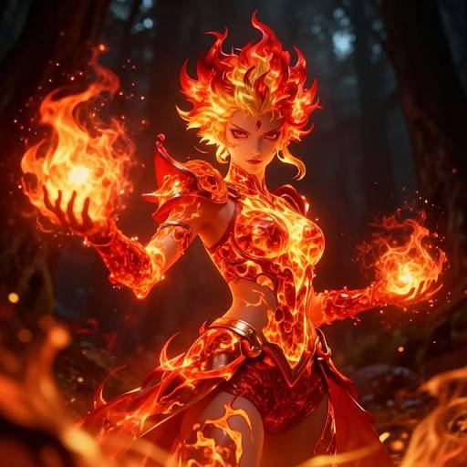 Digital art of a fiery, red-haired female warrior with glowing flames enveloping her body, standing in a dark forest. She wields fire in her