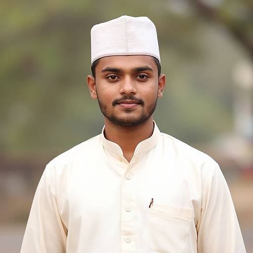 Photograph of a young South Asian man with a trimmed beard, wearing a white traditional cap and matching long-sleeve shirt, standing against a blurred