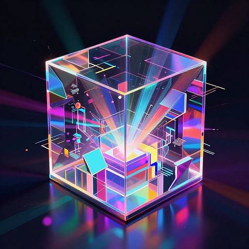 Digital art of a glowing, neon-colored, transparent cube with geometric patterns and vibrant lights against a dark background, creating a futuristic, cybernetic effect
