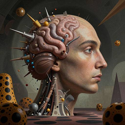 Digital artwork of a bald human head with a cybernetic brain, featuring wires, gears, and orbs, set in a surreal, asteroid-filled space
