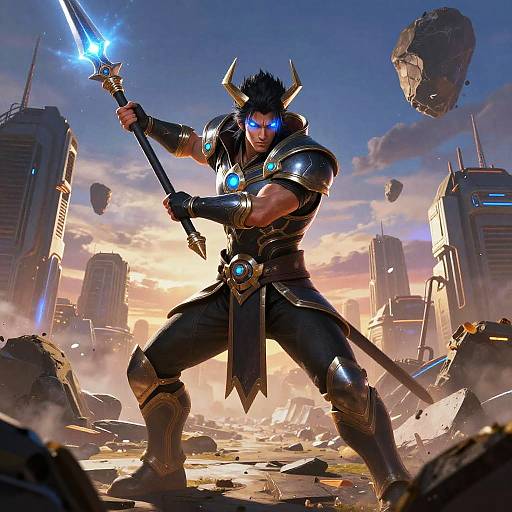 Digital artwork of a muscular, horned warrior with glowing blue eyes and armor, holding a glowing sword in a destroyed cityscape at sunset. Ruined