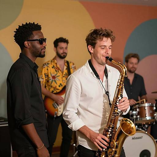 Band Playing Jazz with Saxophone and Drums