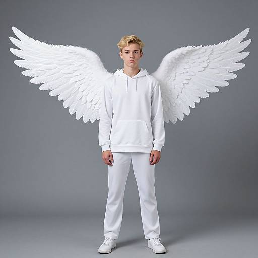 Photograph of a young blonde man with white angel wings, wearing a white hoodie, pants, and shoes, standing against a gray background.