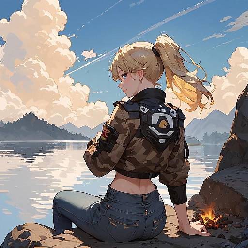 Anime Girl Outdoors by Campfire