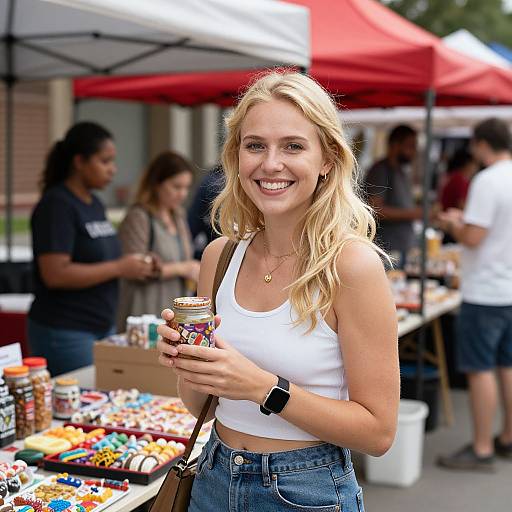 Blonde woman with long hair, wearing white tank top and denim shorts, smiles at outdoor market, holding cup of candy. Red tents and colorful snacks