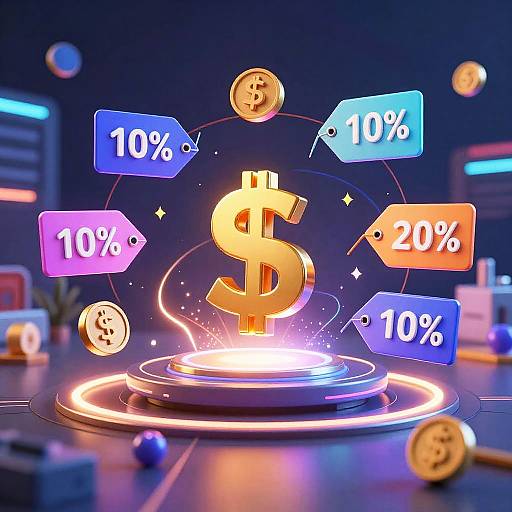 Digital illustration of a glowing gold dollar sign surrounded by colorful 10% discount signs, with floating coin icons in a futuristic, neon-lit background.