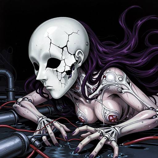 Digital art of a cracked white mask-wearing, tattooed, topless woman with purple hair, lying in dark water, surrounded by red wires and