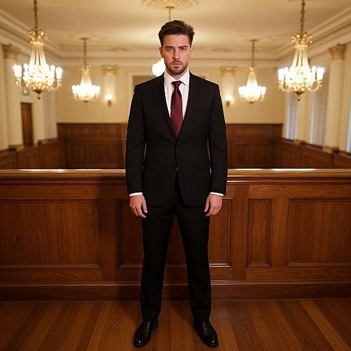 Photograph of a serious-looking man in a black suit, white shirt, and maroon tie standing in a grand, wooden-paneled courtroom with ch