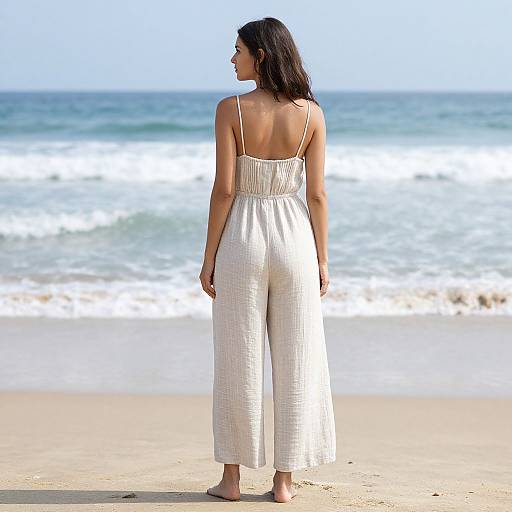 Photograph of a woman with long dark hair, wearing a white, checkered jumpsuit with thin straps, standing barefoot on a beach, facing