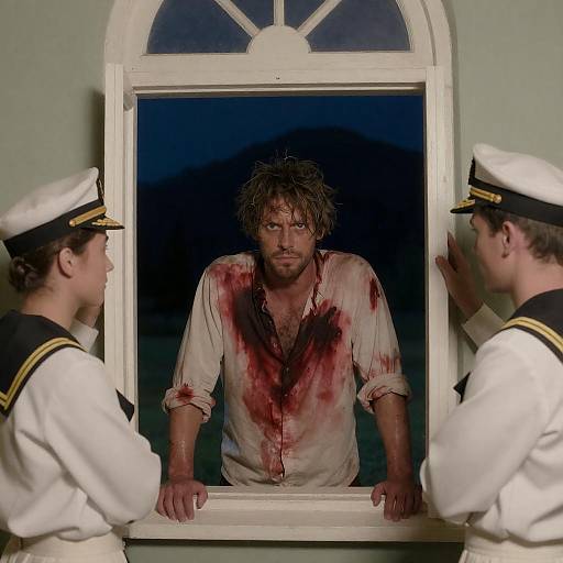 Dramatic Night Window Scene with Sailors