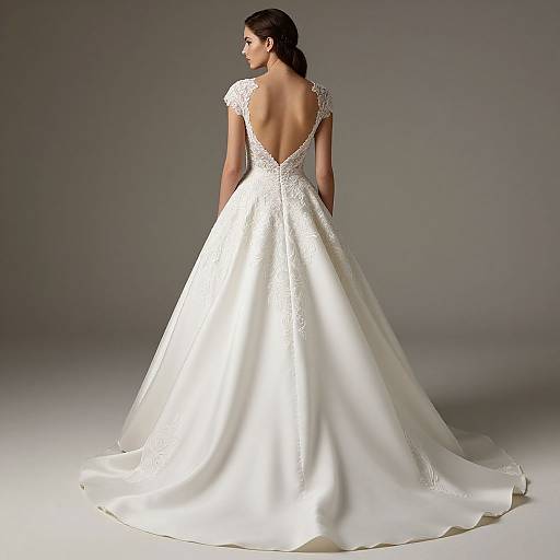 Photograph of a woman with dark hair in a white, lace-back, ball-gown wedding dress, viewed from behind against a gray studio background.