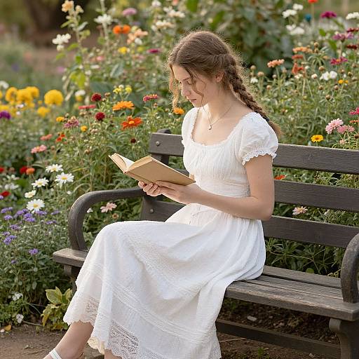 Vintage Woman Reading in Blooming Garden