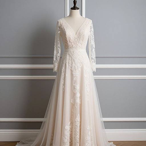 Photograph of a white lace wedding dress on a mannequin, featuring a V-neck, long lace sleeves, and a flowing tulle skirt,