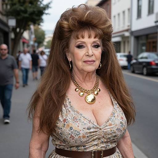 Photograph of an older woman with voluminous brown hair, large gold necklace, floral dress, and brown belt, standing on a busy urban street.