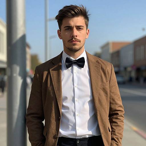 Photograph of a handsome, young man with short dark hair, wearing a brown blazer, white shirt, black bow tie, standing on a sunny