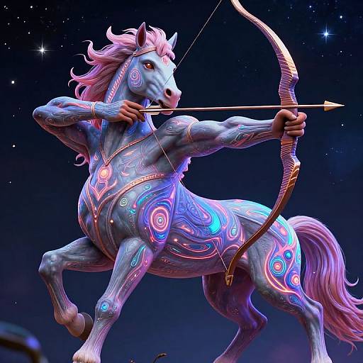 Digital artwork of a glowing, neon-blue, muscular horse with pink mane, wearing intricate, colorful tattoos, drawing a bow in a starry night sky