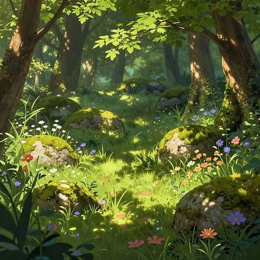 Sunlit, lush forest clearing with vibrant wildflowers, moss-covered rocks, and tall trees, dappled in sunlight, creating a peaceful, magical