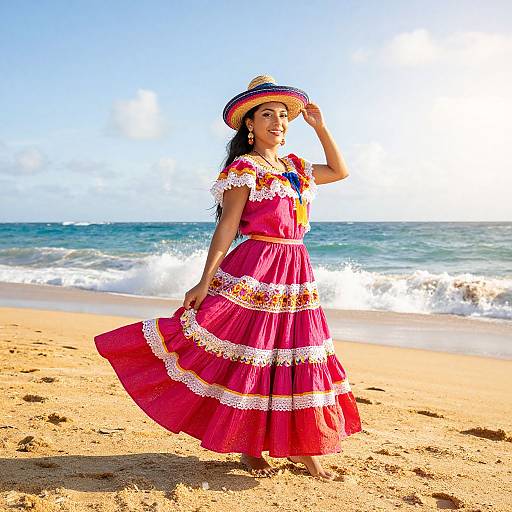Photograph of a Latina woman in a vibrant pink, lace-trimmed dress and straw hat, standing on a sunny beach with ocean waves in the